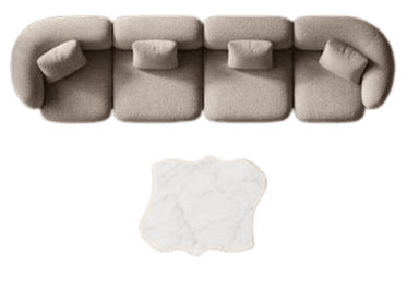 An overhead view of a contemporary modular sectional sofa. The sofa features multiple curvilinear sections, allowing for flexible arrangements. It is upholstered in a textured boucle fabric, likely in an ecru or light beige color, and includes matching square-shaped scatter cushions. — 3D model