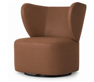 A contemporary lounge chair upholstered in rich brown leather, featuring a high, curved backrest and integrated arms. The chair has a cylindrical, fully upholstered base with a concealed swivel mechanism. — 3D model