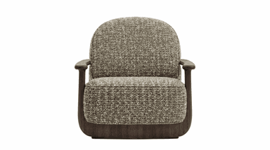 A contemporary armchair featuring a rounded, upholstered body set atop a curved wooden base, complemented by exposed wooden armrests. The upholstery is a textured mélange fabric in shades of brown, green, and cream. — 3D model