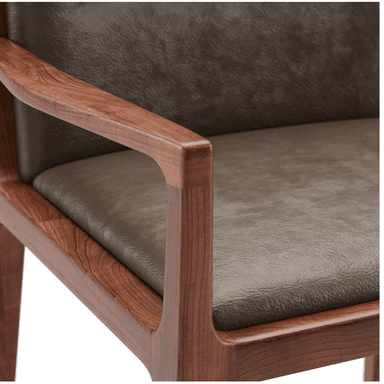 A modern armchair featuring a solid wood frame and upholstered seat and backrest. The wood has a dark brown finish, and the upholstery is a complementary dark brown or taupe material, likely leather or faux leather. The chair has a clean, minimalist design with integrated armrests and slightly tapered legs. — 3D model