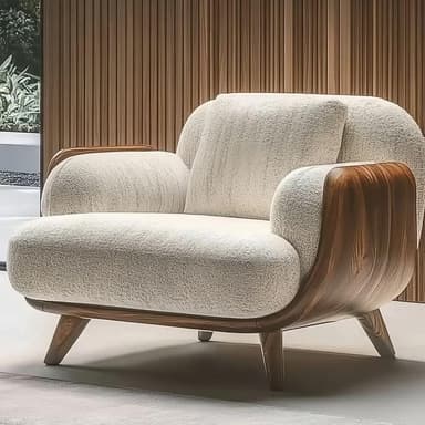 A contemporary armchair featuring a soft, textured off-white upholstery complemented by sculpted dark wood elements forming the armrests and base frame. — 3D model