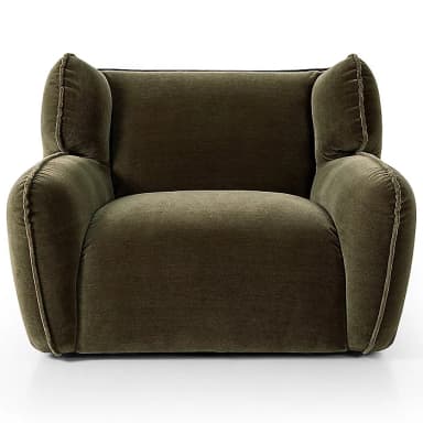 A plush, olive green velvet upholstered lounge chair featuring rounded, integrated armrests and a high back with soft, wing-like side panels. The chair's design emphasizes comfort with its deep seating and soft, inviting contours, highlighted by subtle piping along the seams. — 3D model