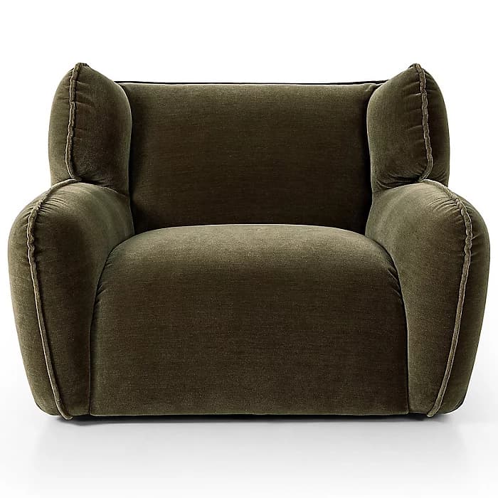 A plush, olive green velvet upholstered lounge chair featuring rounded, integrated armrests and a high back with soft, wing-like side panels. The chair's design emphasizes comfort with its deep seating and soft, inviting contours, highlighted by subtle piping along the seams. — 3D model