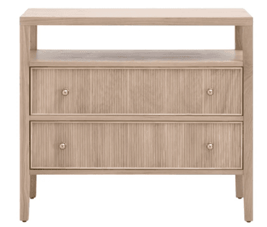 A light-toned wooden nightstand or small accent cabinet featuring two drawers with reeded fronts and an open storage shelf above the drawers. It stands on four tapered legs and has small spherical brass knobs. — 3D model