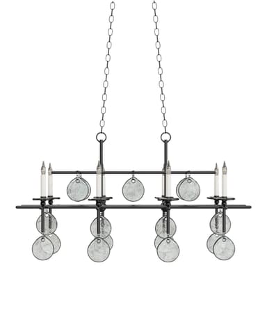 A linear candle-style chandelier suspended by two chains, featuring a black metal frame adorned with mercury glass discs. It has multiple candelabra-style light sources. — 3D model