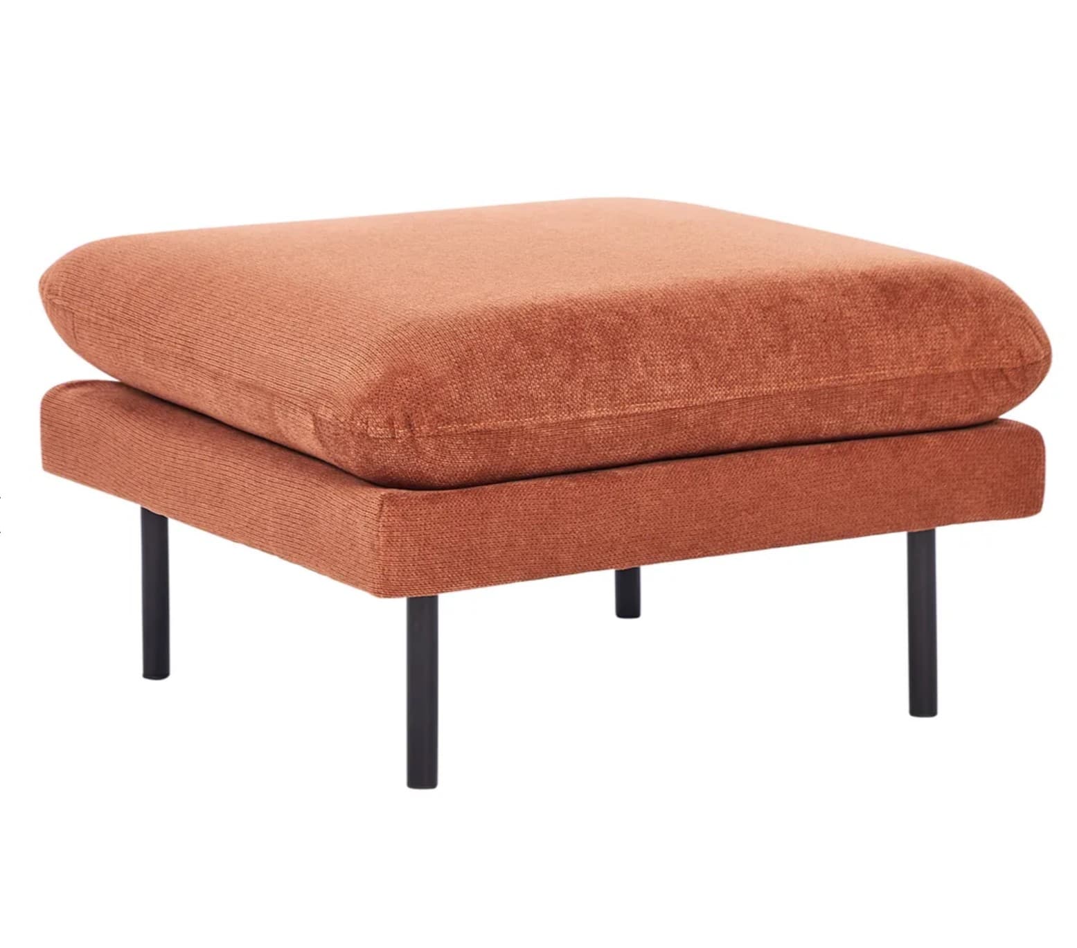 A rectangular ottoman with a dual-cushion design. The top cushion is rounded and appears to be slightly detached from the base. The base is also rectangular and upholstered. The entire piece is supported by four slender, black metal legs. — 3D model
