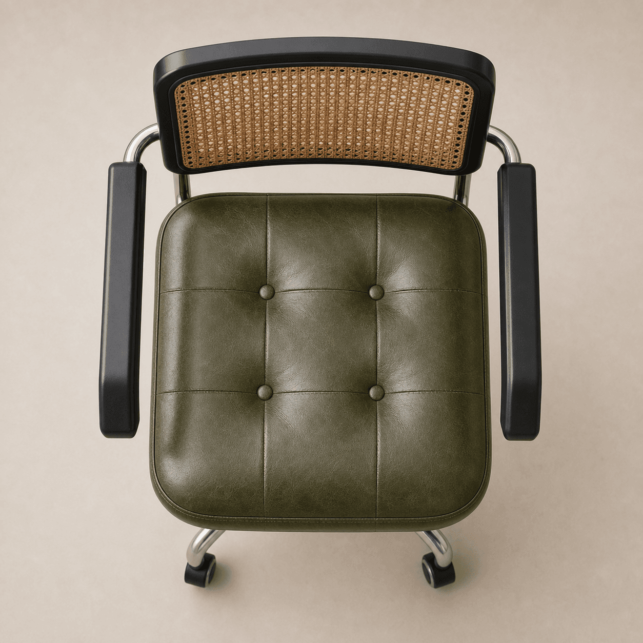 A contemporary office chair featuring a button-tufted olive green faux leather seat, a natural cane backrest, black fixed armrests, and a polished chrome-plated metal frame with casters. — 3D model
