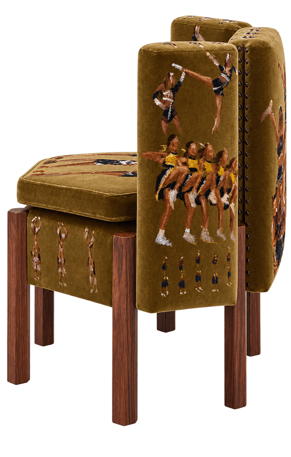 An armless chair featuring olive green velvet upholstery with intricate embroidered human figures. The chair has two distinct rounded backrest panels with nailhead trim and is supported by four straight, dark wood legs. — 3D model