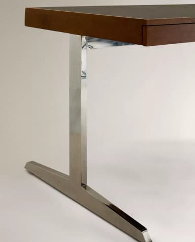 A sophisticated Mid-Century Modern executive desk featuring a rectangular wooden top with a dark inset surface, likely leather or laminate. It includes two integrated drawers and is supported by two polished metal, inverted T-shaped legs, embodying a minimalist design. — 3D model