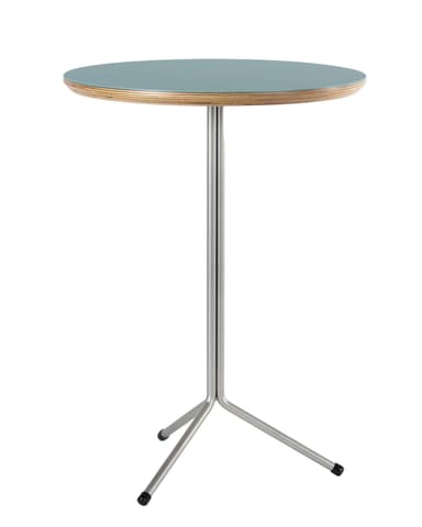 A modern round table featuring a blue-grey laminate top with a visible plywood edge, supported by a silver metal pedestal base that splits into three splayed legs with black protective feet. — 3D model
