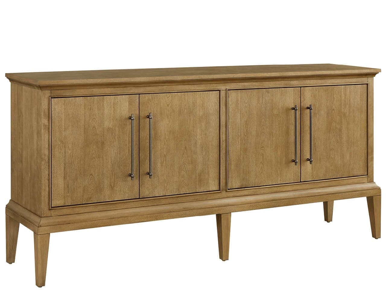 A long, rectangular wooden sideboard featuring four flush cabinet doors with vertical bar pull handles, set upon a recessed plinth base with four tapered, splayed legs. The wood has a light, natural tone with visible grain. — 3D model