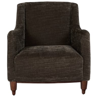 An upholstered lounge armchair featuring a dark brown, textured fabric, gently rounded armrests, and exposed tapered wooden legs. The design is contemporary and comfortable. — 3D model