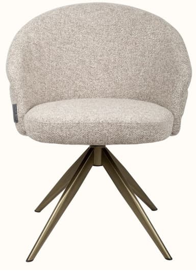 A modern upholstered armchair with a curved backrest and a swivel base. The seat and back are padded and covered in a textured, light-colored fabric. The base consists of four splayed metal legs with a brushed brass finish, converging at a central point. — 3D model