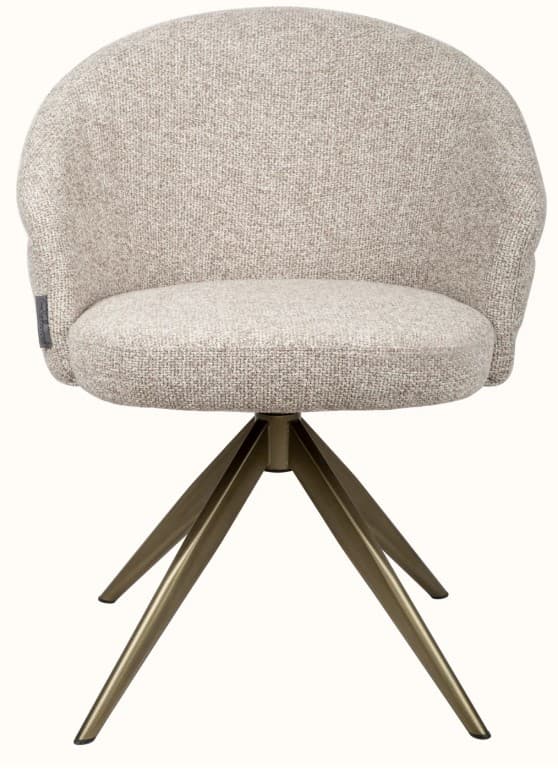 A modern upholstered armchair with a curved backrest and a swivel base. The seat and back are padded and covered in a textured, light-colored fabric. The base consists of four splayed metal legs with a brushed brass finish, converging at a central point. — 3D model