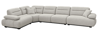 A large, multi-piece modular sectional sofa with a light gray, textured bouclé-like fabric. The sofa features rounded edges, low-profile designs, and thick, plush cushions, including an integrated chaise lounge section on one end. It comprises several individual segments that can be arranged to form a large L-shaped configuration. Small, dark, recessed legs are visible beneath the base. — 3D model