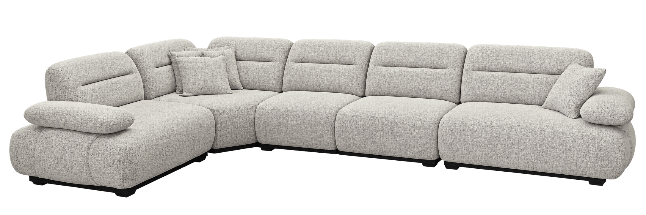 A large, multi-piece modular sectional sofa with a light gray, textured bouclé-like fabric. The sofa features rounded edges, low-profile designs, and thick, plush cushions, including an integrated chaise lounge section on one end. It comprises several individual segments that can be arranged to form a large L-shaped configuration. Small, dark, recessed legs are visible beneath the base. — 3D model