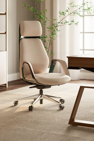 A modern high-back executive office chair featuring cream-colored upholstery, likely leather or faux leather, complemented by a dark green shell on the backrest. The chair has fixed armrests with padded tops and a polished silver or chrome five-star swivel base equipped with caster wheels. The design emphasizes ergonomic support with a tall back and integrated headrest. — 3D model