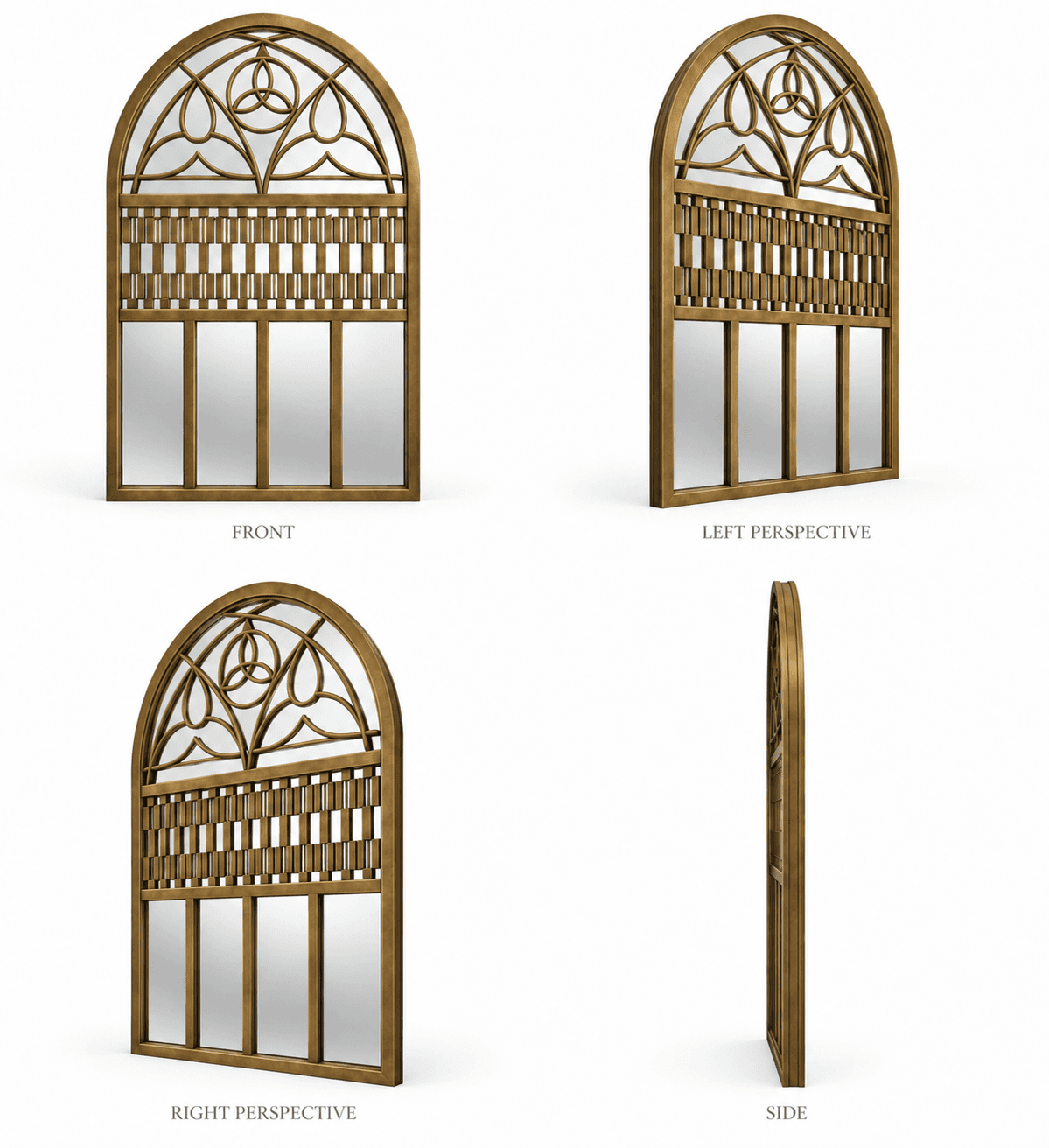An ornate, arched wall mirror featuring a decorative metallic frame with a bronze or brass finish. The upper section of the arch incorporates intricate, interlocking tracery designs, reminiscent of Gothic architecture. Below the ornate arch, the frame forms a rectangular grid pattern, segmenting the mirrored surface into multiple vertical panels. The overall design suggests a vintage or antique aesthetic, providing both reflective utility and significant decorative impact. — 3D model