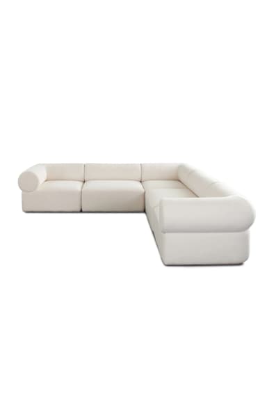 An L-shaped modular sectional sofa upholstered in an ivory or off-white textured fabric, likely bouclé. The sofa consists of multiple individual units combined to form a large seating arrangement, featuring plush, soft lines and rounded arms. — 3D model