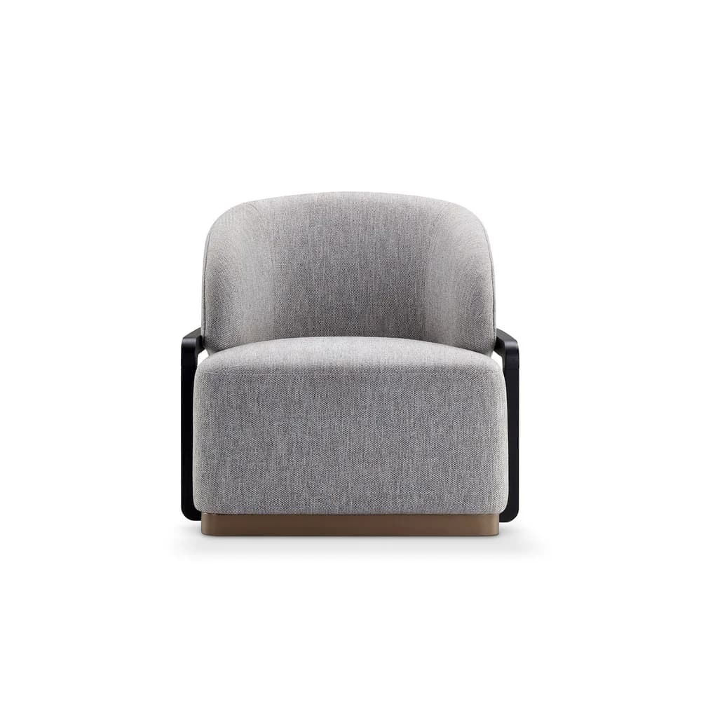 A contemporary armchair with a rounded back and upholstered seat and backrest. The armchair features black metal frame elements extending from the sides and a low wooden base. — 3D model