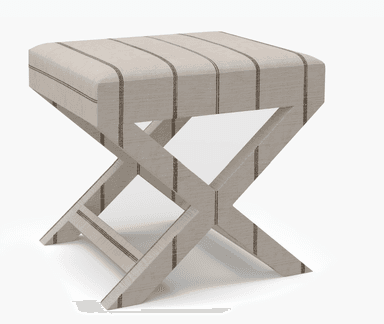 A rectangular upholstered ottoman featuring a distinctive X-shaped base, covered in a light-colored fabric with vertical dark stripes. — 3D model
