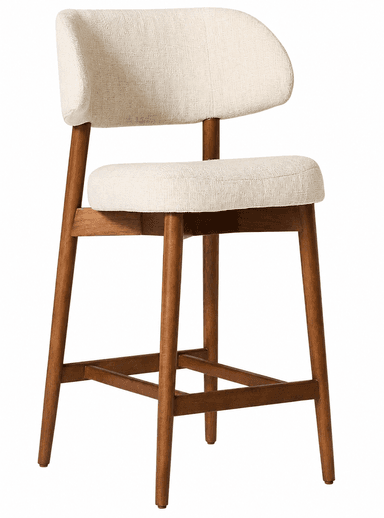 An upholstered counter stool featuring a natural wood frame and an off-white fabric seat and backrest. The design incorporates mid-century modern aesthetics with splayed legs and a curved, supportive backrest. A footrest is integrated into the lower part of the frame. — 3D model