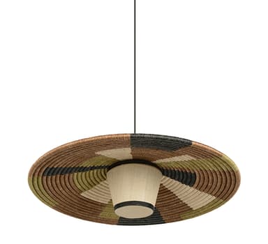 A contemporary pendant light featuring a wide, flat, circular shade crafted from intricately woven natural fibers. The shade displays a multi-color pattern, incorporating segments of brown, black, green, and natural beige, arranged in both concentric circles and radial stripes. A central, conical light diffuser, made of a light-colored fabric, is positioned underneath the main shade, suspended by a black cord. — 3D model