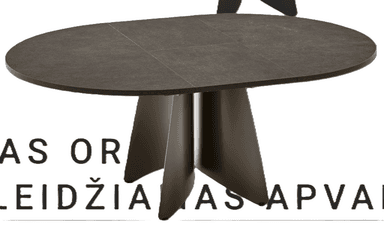 An oval dining table featuring a dark, tile-effect tabletop supported by a sculptural, multi-blade pedestal base, all in a cohesive dark gray finish. — 3D model
