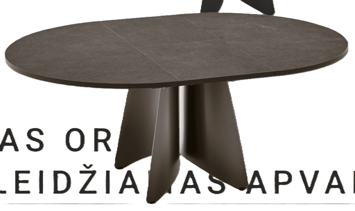 An oval dining table featuring a dark, tile-effect tabletop supported by a sculptural, multi-blade pedestal base, all in a cohesive dark gray finish. — 3D model