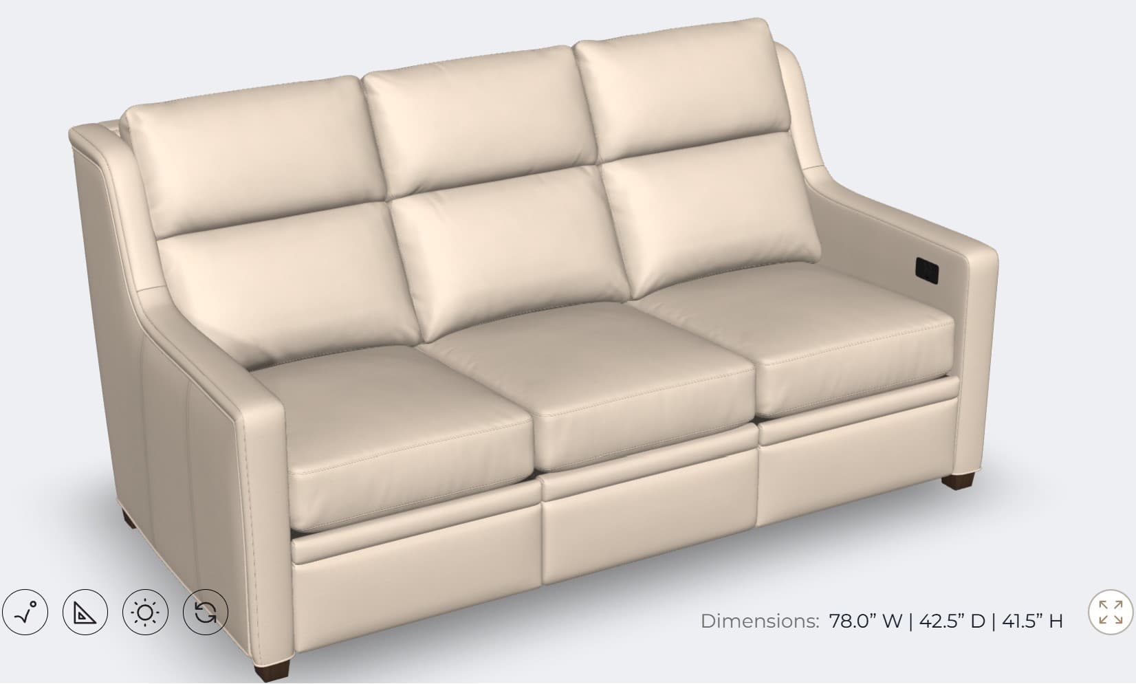 A three-seater sofa with plush, tufted cushions and padded armrests. The sofa appears to be upholstered in a light-colored, smooth material, possibly leather or a high-quality synthetic. It features a modern design with clean lines and subtly tapered legs. A small black control panel is visible on the right armrest, suggesting it may have reclining or other electronic features. The stitching is precise and uniform across the upholstery. — 3D model