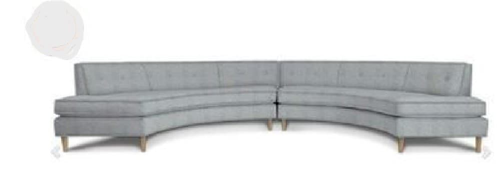 A light grey, two-piece curved sectional sofa featuring a low profile, button-tufted backrests, and light-colored, tapered wooden legs. The design is modern and consists of two sections that form a gentle arc. — 3D model