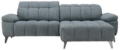 A contemporary grey fabric sectional sofa featuring a chaise lounge on one end and a reclining function indicated by a control panel on the armrest. The sofa is upholstered with channel tufting on the seat and back cushions, supported by slender, angled metal legs. — 3D model