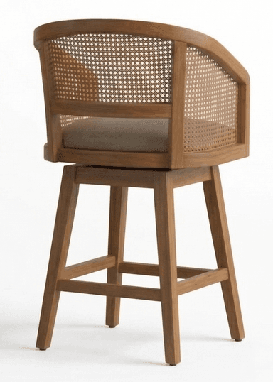 A wooden bar stool with a curved backrest and armrests featuring cane weaving. It has a padded seat and a swivel base supported by four legs connected by stretchers. The cane detailing on the back and sides provides a natural, airy aesthetic, while the wooden frame offers a sturdy structure. The seat appears to be upholstered in a neutral-toned material. — 3D model
