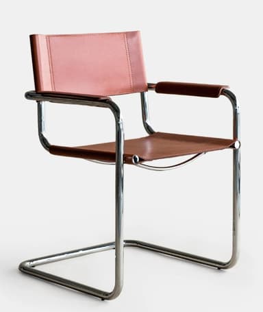 A modern armchair with a tubular chrome frame and leather upholstery. The seat and backrest are made of brown leather straps, and the armrests are also upholstered in leather. The frame is constructed from bent tubular metal, forming legs that extend upwards to support the seat and back. — 3D model