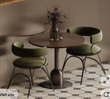 A contemporary dining set featuring a round dark wood tabletop, a brushed metal pedestal base, and two barrel-back dining chairs with olive green fabric upholstery and a minimalist metal frame. — 3D model