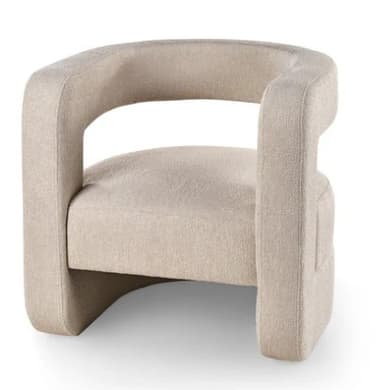 A contemporary armchair with a rounded, sculptural form. The armchair features a fully upholstered body with a curved backrest that extends into integrated armrests. The seat is also upholstered and appears to be well-padded. The base has a subtle curve, providing a modern aesthetic. The fabric has a textured, boucle-like appearance. — 3D model