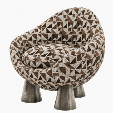 A modern spherical lounge chair featuring a distinctive geometric patterned upholstery and supported by four short, conical metal legs. The chair has an enveloping design, with integrated armrests and a separate, round seat cushion. — 3D model