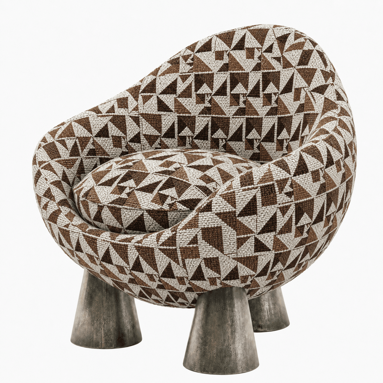 A modern spherical lounge chair featuring a distinctive geometric patterned upholstery and supported by four short, conical metal legs. The chair has an enveloping design, with integrated armrests and a separate, round seat cushion. — 3D model
