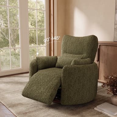A contemporary, fully upholstered armchair featuring a rich olive-green boucle fabric. It includes an integrated reclining mechanism with an extended footrest and is mounted on a dark, circular swivel base. A matching lumbar cushion provides additional support. — 3D model