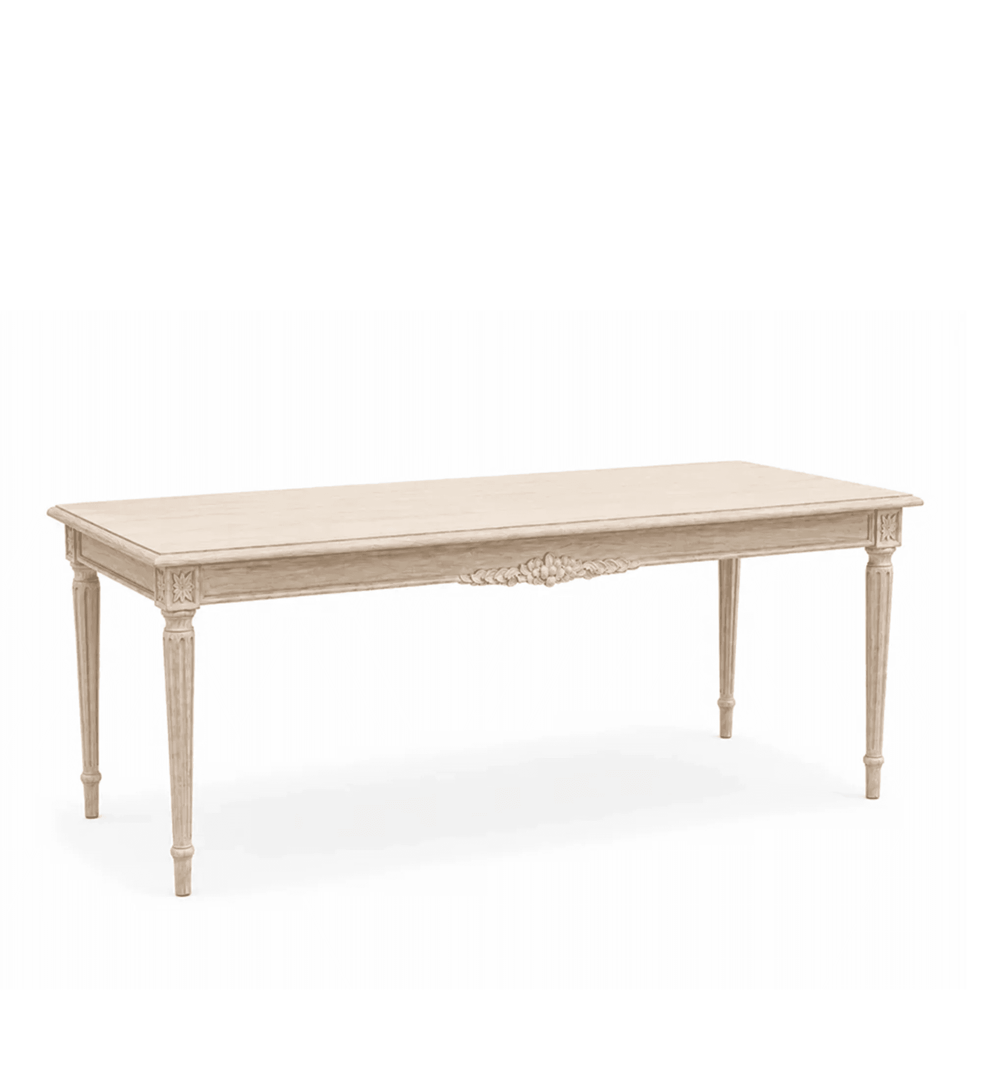 A rectangular dining table crafted from light-toned, possibly whitewashed or distressed wood, featuring classic French Provincial styling. The table has a simple rectangular top, an intricately carved apron with a central scroll motif, and four slender, fluted, and tapered legs. — 3D model