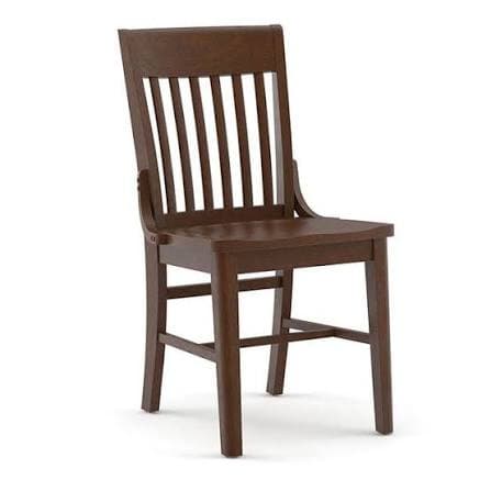 A dark brown wooden dining chair featuring a classic slatted backrest and a solid wood seat. The chair has a traditional design with sturdy square legs and stretchers for stability. The finish is a uniform dark stain, showcasing the natural wood grain. — 3D model