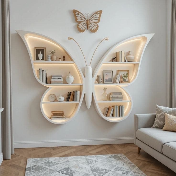 A white, butterfly-shaped decorative shelving unit featuring multiple internal compartments with integrated lighting and gold-colored antennae. — 3D model