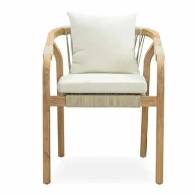 A modern armchair with a wooden frame and woven rope details on the seat and back support. It includes cushioned seating and a back pillow, both in a neutral off-white color. The wooden frame has a natural, light brown finish. — 3D model