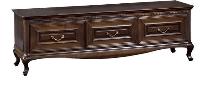 A long, rectangular cabinet with a dark wood finish. It features three drawers on the front, each with an ornate brass pull handle. The cabinet has decorative molding along the top and features cabriole legs. — 3D model