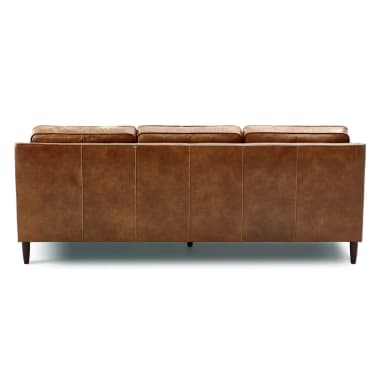 A three-seater sofa with a classic design. It features a low profile with tailored cushions and tapered wooden legs. The upholstery appears to be a distressed brown leather, giving it a vintage or rustic aesthetic. — 3D model