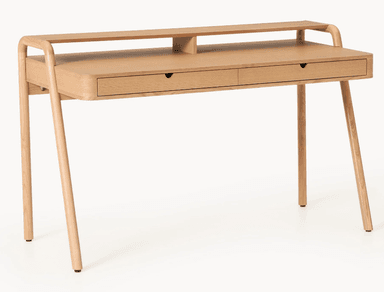 A minimalist wooden desk with a natural finish. It features a dual-tier top surface, with the upper tier acting as a raised shelf. Below the main surface, there are two drawers with integrated semi-circular pulls. The desk is supported by four slender, tapered legs. The overall design is modern and clean. — 3D model