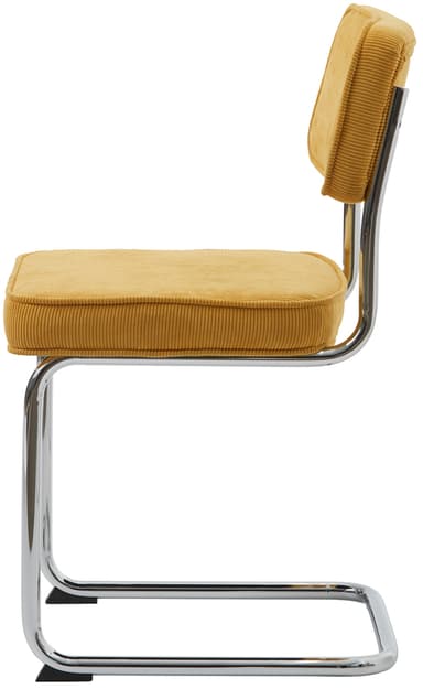 A side chair with a tubular chrome frame and corduroy upholstered seat and backrest. The frame has a cantilevered design, providing a slight flex. The seat and back are generously padded and feature piped edges. The chair rests on black protective caps at the base of the legs. — 3D model