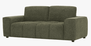 A contemporary two-seater loveseat upholstered in a textured olive green boucle-style fabric, featuring clean lines, block track arms, and a distinctive channeled seat cushion design. — 3D model
