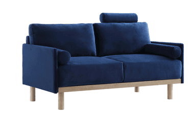 A modern two-seater loveseat featuring navy blue velvet upholstery and an exposed light-toned wooden frame. The loveseat includes two back cushions, two seat cushions, two cylindrical bolster pillows integrated into the arms, and a single removable, adjustable headrest cushion. The frame consists of horizontal wooden rails supporting the upholstered body and four round, tapered wooden legs. — 3D model