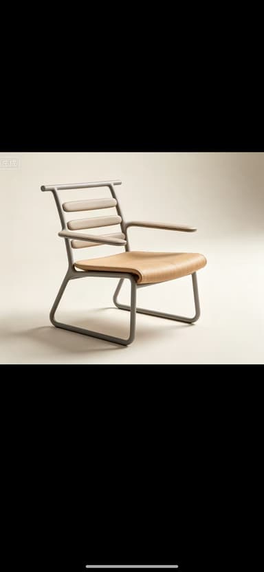 An armchair featuring a grey tubular metal frame, bentwood components for the seat and back slats, all covered in natural-colored leather. — 3D model